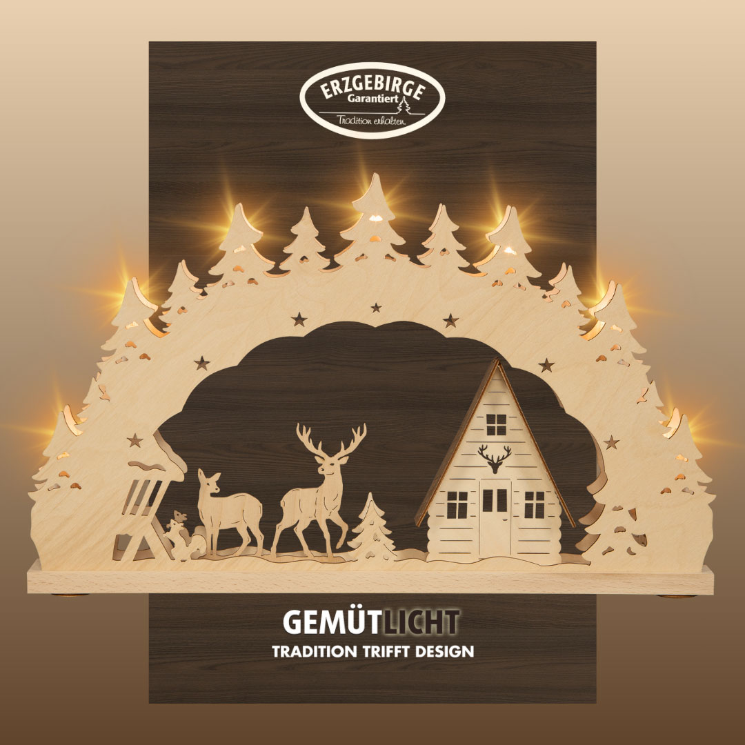 Weigla LED Schwibbogen "Waldhaus, Lichterbogen aus Holz, NATUR-BRAUN, Made in Germany" 1 Stk. Erzgebirge garantiert, Weihnachtsdeko Innen, Weihnachtsbeleuchtung von Weigla