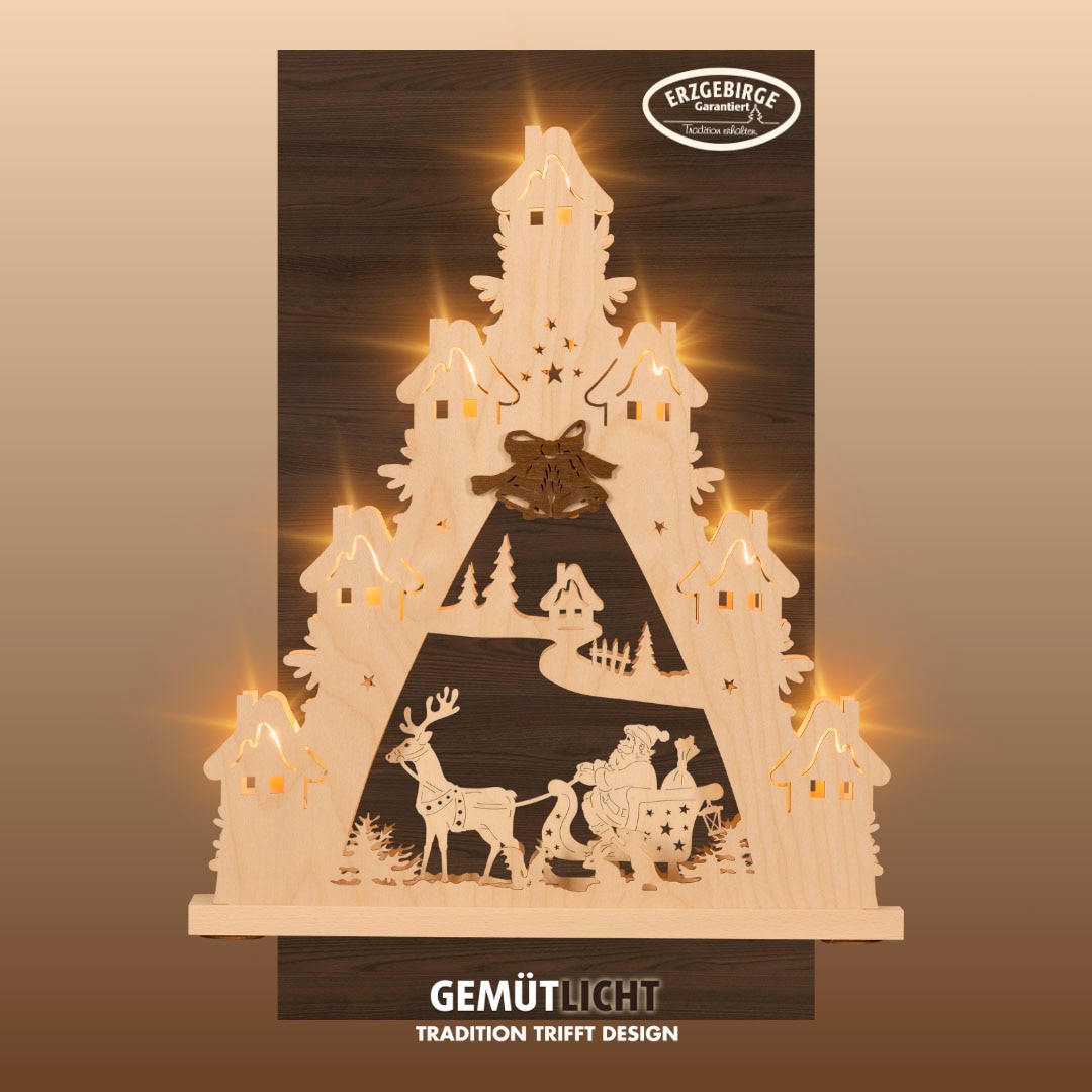 Weigla LED Schwibbogen "Weihnachtsmann auf Schlitten, Lichterspitze aus Holz, Made in Germany" 1 Stk. Erzgebirge garantiert, Weihnachtsdeko Innen, Weihnachtsbeleuchtung von Weigla