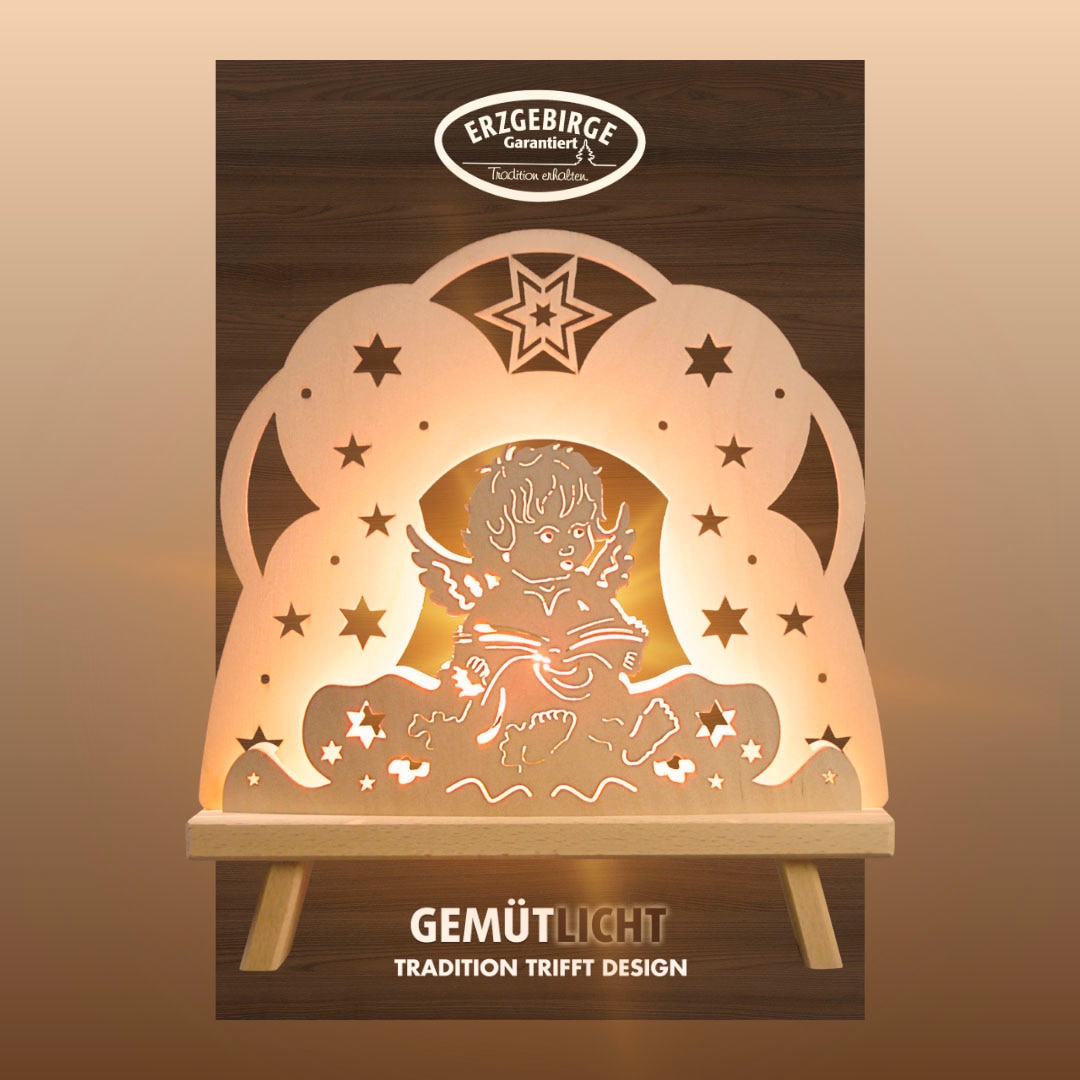 Weigla Lichterbogen "Engel in Wolke, Dekoleuchte aus Holz, NATUR, Made in Germany" 1 Stk. Erzgebirge garantiert, Weihnachtsdeko Innen, Weihnachtsbeleuchtung von Weigla