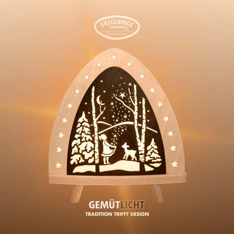 Weigla Lichterbogen "LED Sterntaler, Holz Dekolampe, Märchen, NATUR-BRAUN, Made in Germany" 1 Stk. Erzgebirge garantiert, Weihnachtsdeko Innen, Weihnachtsbeleuchtung von Weigla