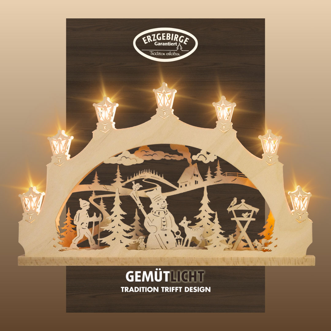 Weigla Schwibbogen "Schneemann im Wald, Lichterbogen aus Holz, NATUR, Made in Germany" 1 Stk. Erzgebirge garantiert, Weihnachtsdeko Innen, Weihnachtsbeleuchtung von Weigla