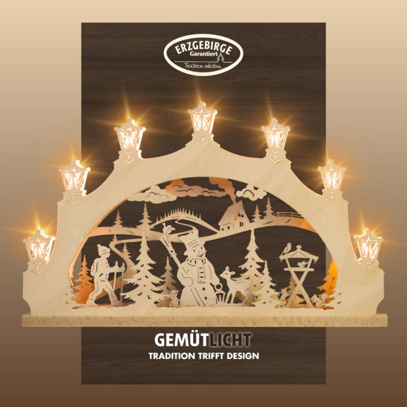 Weigla Schwibbogen "Schneemann im Wald, Lichterbogen aus Holz, NATUR, Made in Germany" 1 Stk. Erzgebirge garantiert, Weihnachtsdeko Innen, Weihnachtsbeleuchtung von Weigla
