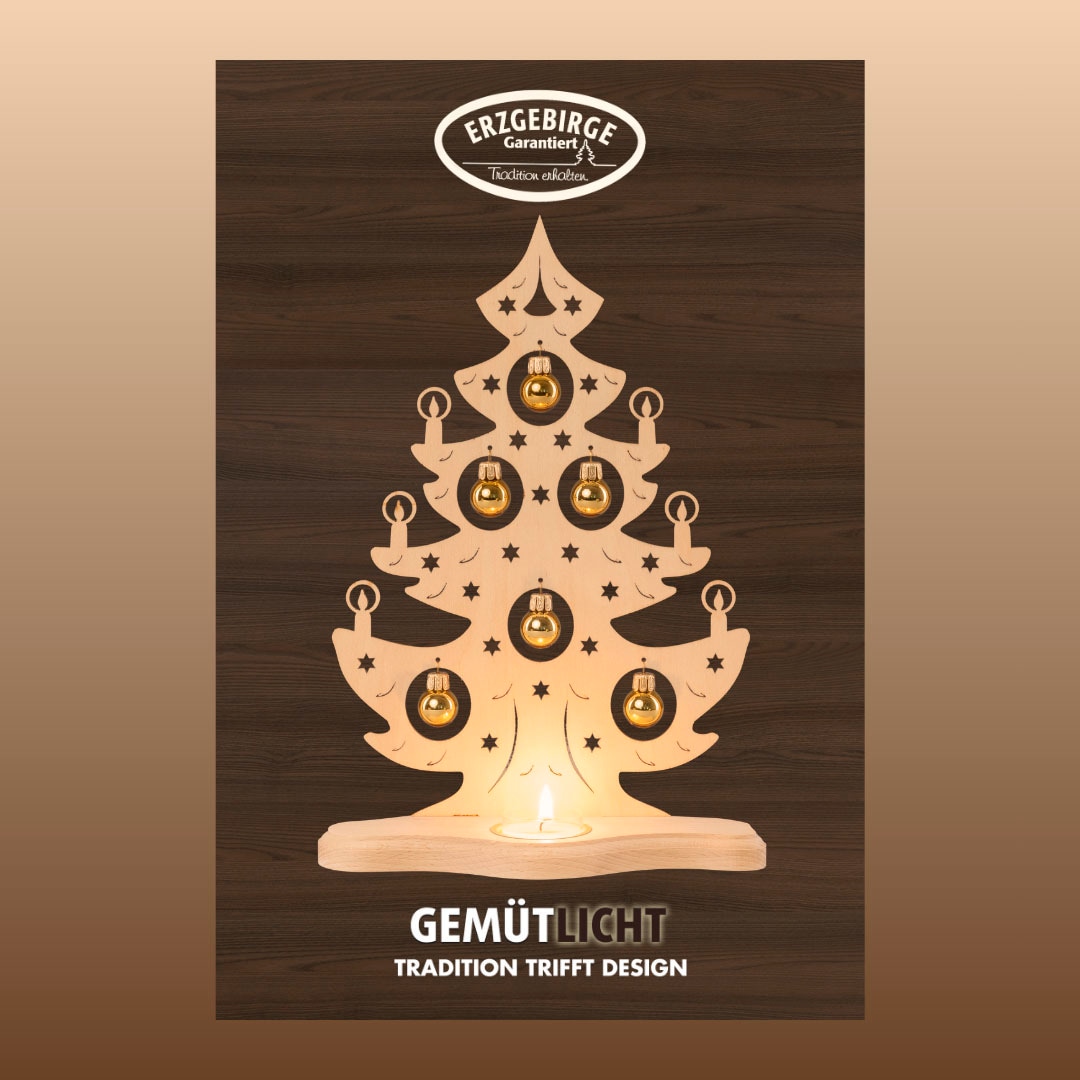 Weigla Teelichthalter "Weihnachtsbaum mit goldenen Kugeln, NATUR, Made in Germany" Erzgebirge garantiert, Weihnachtsdeko Innen, Weihnachtsbeleuchtung von Weigla