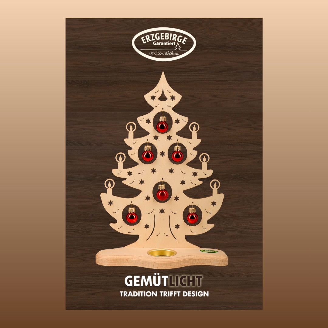 Weigla Teelichthalter "Weihnachtsbaum mit roten Kugeln, NATUR, Made in Germany" Erzgebirge garantiert, Weihnachtsdeko Innen, Weihnachtsbeleuchtung von Weigla