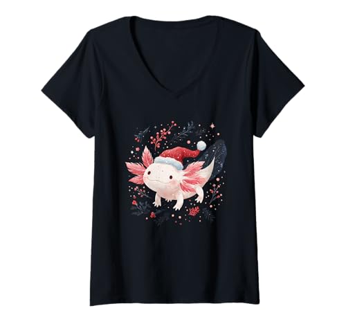 Damen Weihnachtliches Axolotl Lichterkette Nikolausmütze T-Shirt mit V-Ausschnitt Damen Weihnachtliches Axolotl Lichterkette Nikolausmütze T-Shirt mit V-Ausschnitt von Weihnachten Axolotl Amphibien Designs