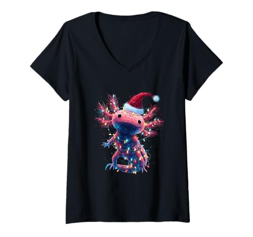 Damen Weihnachtliches Axolotl Lichterkette Nikolausmütze T-Shirt mit V-Ausschnitt Damen Weihnachtliches Axolotl Lichterkette Nikolausmütze T-Shirt mit V-Ausschnitt von Weihnachten Axolotl Amphibien Designs
