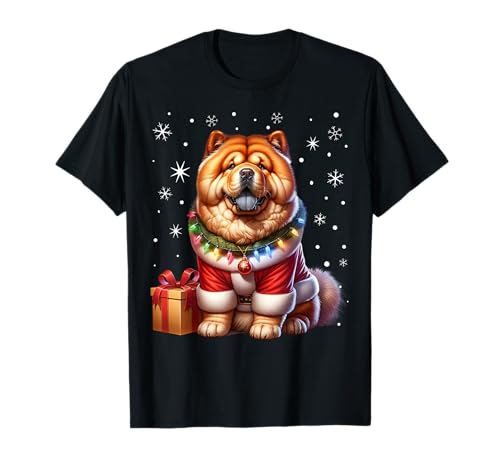 Weihnachten Chow-Chow Herren Damen - Unisex T-Shirt, Schwarz, S - Cartoon Weihnachtsmuster mit Chow-Chow, Klassisch, U-Ausschnitt, Standardlänge, Winter von Weihnachten Chow-Chow Herren Damen