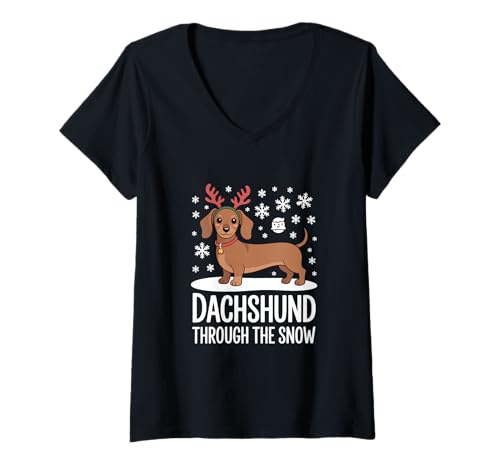 Damen Dackel Dachshund Through The Snow Weihnachten T-Shirt mit V-Ausschnitt Damen Dackel Dachshund Through The Snow Weihnachten T-Shirt mit V-Ausschnitt von Weihnachten Dackel Hund Winter Lustig