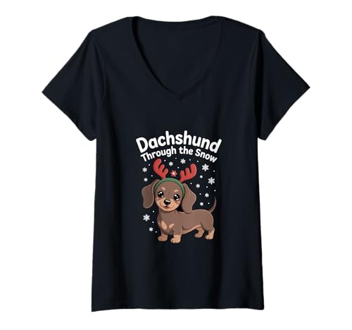 Damen Dachshund Through The Snow Dackel Weihnachten Winter T-Shirt mit V-Ausschnitt Damen Dachshund Through The Snow Dackel Weihnachten Winter T-Shirt mit V-Ausschnitt von Weihnachten Dackel Winter Schneeflocken Rentier