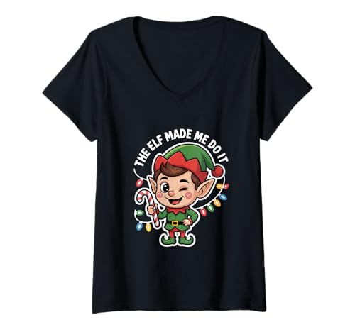 Damen Weihnachten Elf Spruch The Elf Made Me Do It Lustig T-Shirt mit V-Ausschnitt Damen Weihnachten Elf Spruch The Elf Made Me Do It Lustig T-Shirt mit V-Ausschnitt von Weihnachten Elf Spruch Lustig Kinder Familie