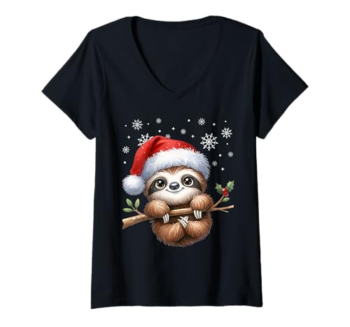 Damen Faultier Frohe Weihnachten Familien Outfit Kinder Weihnachts T-Shirt mit V-Ausschnitt von Weihnachten Familie Herren Damen Kinder Bekleidung