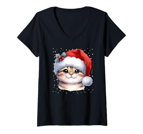 Damen Katze Weihnachten Famiien Outfit Kinder Katzen Weihnachts T-Shirt mit V-Ausschnitt von Weihnachten Familie Herren Damen Kinder Bekleidung