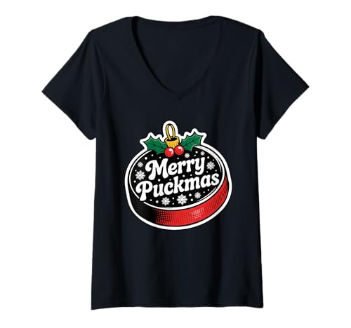 Damen Fröhliches Puckmas Weihnachten Feiertag Hockey T-Shirt mit V-Ausschnitt Damen Fröhliches Puckmas Weihnachten Feiertag Hockey T-Shirt mit V-Ausschnitt von Weihnachten Familie Hockey Fan