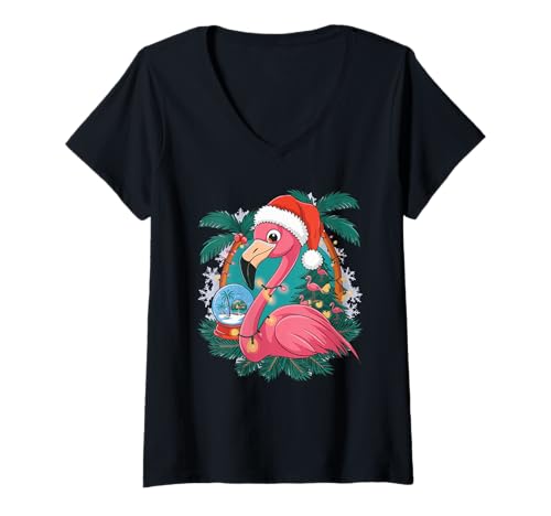 Damen Flamingo Weihnachten T-Shirt mit V-Ausschnitt Damen Flamingo Weihnachten T-Shirt mit V-Ausschnitt von Weihnachten Flamingo Vogel Exotischer Vogel