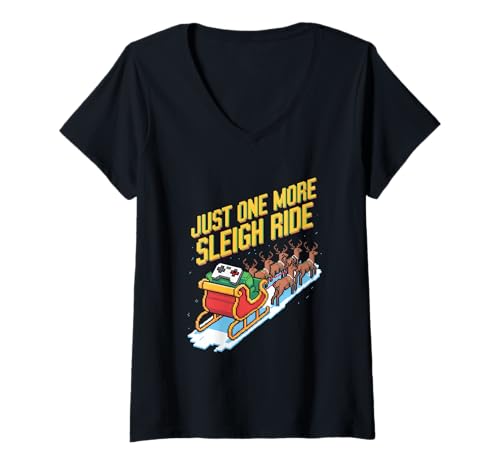 Damen Just One More Sleigh Ride Weihnachten Gaming Pixel T-Shirt mit V-Ausschnitt Damen Just One More Sleigh Ride Weihnachten Gaming Pixel T-Shirt mit V-Ausschnitt von Weihnachten Gamer Pixel Retro Rentiers Schlitten