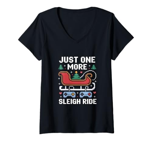 Damen Gamer Weihnachten Pixel Retro Just One More Sleigh Ride T-Shirt mit V-Ausschnitt Damen Gamer Weihnachten Pixel Retro Just One More Sleigh Ride T-Shirt mit V-Ausschnitt von Weihnachten Gamer Pixel Retro Schlitten Zocker