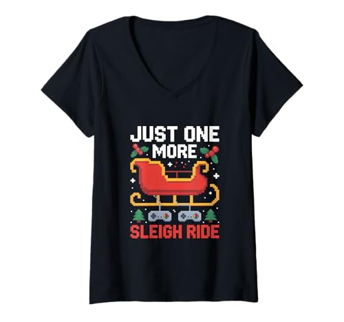 Damen Just One More Sleigh Ride Gamer Weihnachten Retro Gaming T-Shirt mit V-Ausschnitt von Weihnachten Gaming Schlitten Retro Videospiel