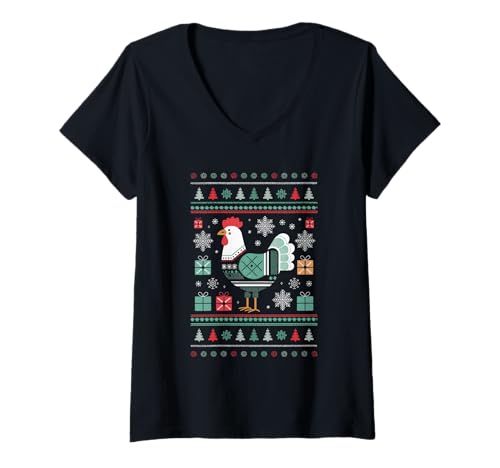 Damen Huhn Ugly Christmas T-Shirt mit V-Ausschnitt von Weihnachten Huhn Geflügel Tier Bauer
