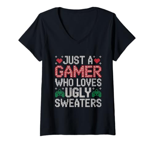 Damen Ugly Christmas Gamer Weihnachten Zocker Gaming T-Shirt mit V-Ausschnitt Damen Ugly Christmas Gamer Weihnachten Zocker Gaming T-Shirt mit V-Ausschnitt von Weihnachten Just a Gamer Who Loves Ugly Sweaters