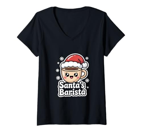 Damen Weihnachten Kaffee Santa's Barista Kaffeetasse Winter T-Shirt mit V-Ausschnitt von Weihnachten Kaffee Barista Kaffeetasse Nikolaus