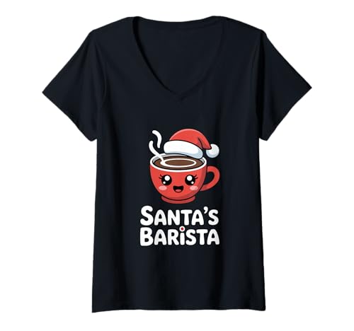 Damen Santas Barista Weihnachten Kaffee Lustig Kawaii Kaffeetasse T-Shirt mit V-Ausschnitt Damen Santas Barista Weihnachten Kaffee Lustig Kawaii Kaffeetasse T-Shirt mit V-Ausschnitt von Weihnachten Kaffee Barista Santa Humor Motiv