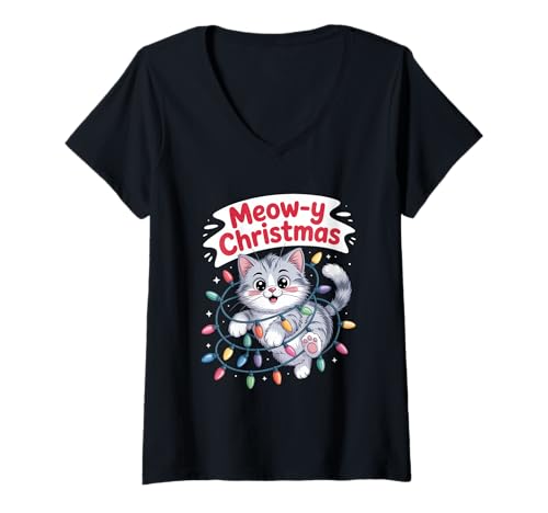 Damen Katzenliebhaber Weihnachtskatze Meow-y Christmas Lustig T-Shirt mit V-Ausschnitt Damen Katzenliebhaber Weihnachtskatze Meow-y Christmas Lustig T-Shirt mit V-Ausschnitt von Weihnachten Katze Humor Niedlich Kätzchen Spruch