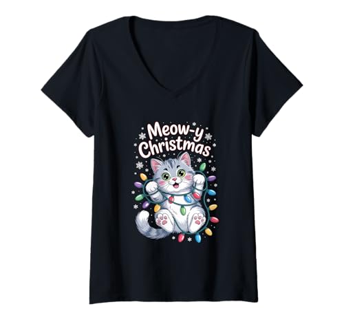 Damen Katze Weihnachten Meow Y Christmas MIAU Lichterkette T-Shirt mit V-Ausschnitt Damen Katze Weihnachten Meow Y Christmas MIAU Lichterkette T-Shirt mit V-Ausschnitt von Weihnachten Katze Miau Winter Lichterkette