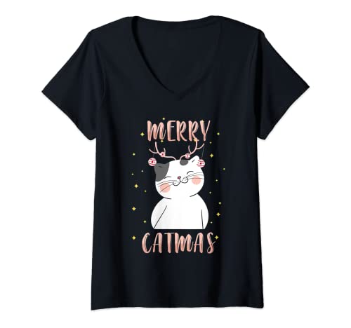 Damen Weihnachten Katze T-Shirt mit V-Ausschnitt von Weihnachten Katze