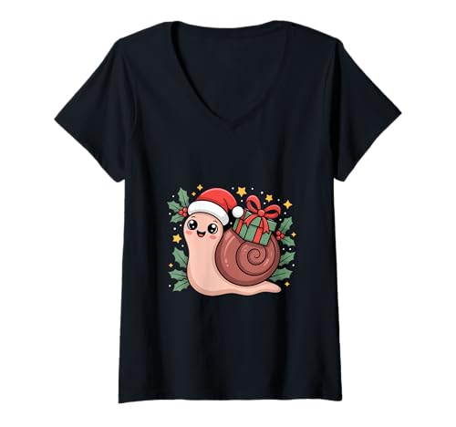 Damen Lustige Weihnachts Schnecke Mit Santa Mütze Und Geschenk T-Shirt mit V-Ausschnitt Damen Lustige Weihnachts Schnecke Mit Santa Mütze Und Geschenk T-Shirt mit V-Ausschnitt von Weihnachten Kawaii Schnecke Santa Mütze Geschenk