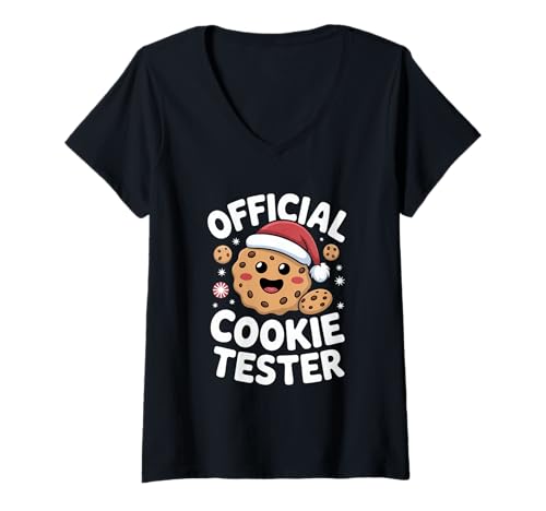 Damen Santa Keks Tester Weihnachts Humor Official Cookie Tester T-Shirt mit V-Ausschnitt von Weihnachten Keks Tester Lustig Santa Humor