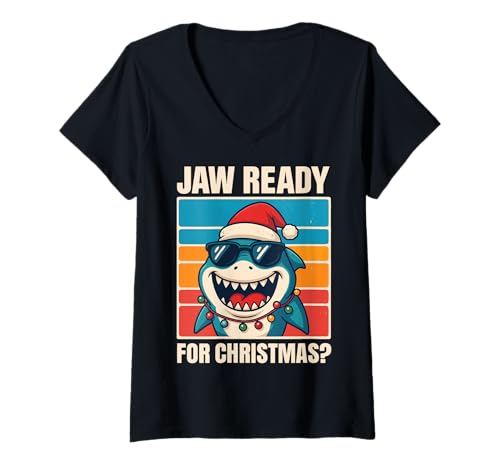 Damen Jaw Ready for Christmas? T-Shirt mit V-Ausschnitt Damen Jaw Ready for Christmas? T-Shirt mit V-Ausschnitt von Weihnachten Kiefer Hai liebhaber Lustig Ozean