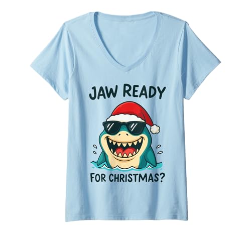 Damen Jaw Ready for Christmas? T-Shirt mit V-Ausschnitt Damen Jaw Ready for Christmas? T-Shirt mit V-Ausschnitt von Weihnachten Kiefer Hai liebhaber Lustig Ozean