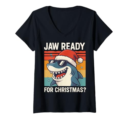 Damen Jaw Ready for Christmas? T-Shirt mit V-Ausschnitt Damen Jaw Ready for Christmas? T-Shirt mit V-Ausschnitt von Weihnachten Kiefer Hai liebhaber Lustig Ozean