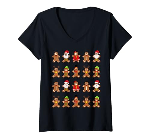 Damen Lebkuchenmann Weihnachtsoutfit Deko Lebkuchen Weihnachten T-Shirt mit V-Ausschnitt Damen Lebkuchenmann Weihnachtsoutfit Deko Lebkuchen Weihnachten T-Shirt mit V-Ausschnitt von Weihnachten Lebkuchenmann Fun Motiv Familienoutfit
