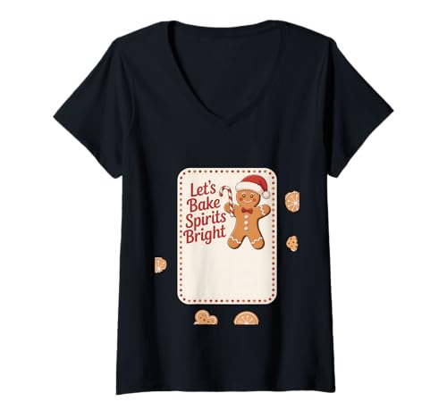 Damen Lets Bake Spirits Bright Weihnachtsbäckerei Lebkuchenmann T-Shirt mit V-Ausschnitt von Weihnachten Lebkuchenmann Plätzchen Backen