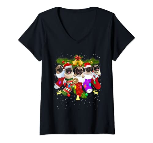 Damen Santa Mops in Socken Lustig Weihnachten Mops Mama Geschenk T-Shirt mit V-Ausschnitt Damen Santa Mops in Socken Lustig Weihnachten Mops Mama Geschenk T-Shirt mit V-Ausschnitt von Weihnachten Mops