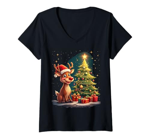 Damen Weihnachten Rentier Baum T-Shirt mit V-Ausschnitt Damen Weihnachten Rentier Baum T-Shirt mit V-Ausschnitt von Weihnachten Rentier Baum Design