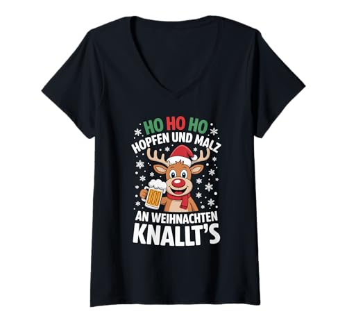 Damen Ho HOL Mir mal EIN Bier Rentier Spruch Lustig Weihnachts T-Shirt mit V-Ausschnitt Damen Ho HOL Mir mal EIN Bier Rentier Spruch Lustig Weihnachts T-Shirt mit V-Ausschnitt von Weihnachten Rentier Hopfen Und Malz