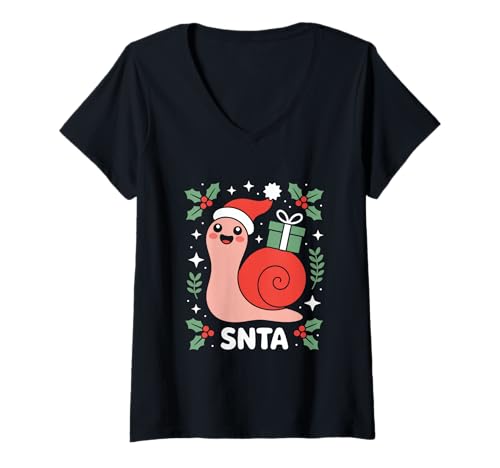 Damen SNTA Lustige Weihnachts Schnecke Mit Santa Mütze Geschenk T-Shirt mit V-Ausschnitt Damen SNTA Lustige Weihnachts Schnecke Mit Santa Mütze Geschenk T-Shirt mit V-Ausschnitt von Weihnachten Schnecke Kawaii Santa Mütze Geschenk