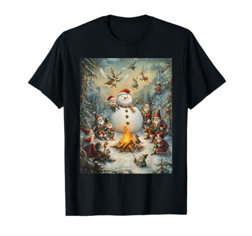 Weihnachten Deko Frauen Männer Kinder Schneemann Lagerfeuer T-Shirt von Weihnachten Schneemann am Lagerfeuer Damen Herren