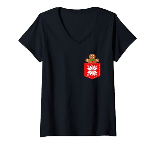 Damen Lebkuchenmann Brusttasche Weihnachtsoutfit Deko Weihnachten T-Shirt mit V-Ausschnitt Damen Lebkuchenmann Brusttasche Weihnachtsoutfit Deko Weihnachten T-Shirt mit V-Ausschnitt von Weihnachten Seitentaschen Design Familienoutfit
