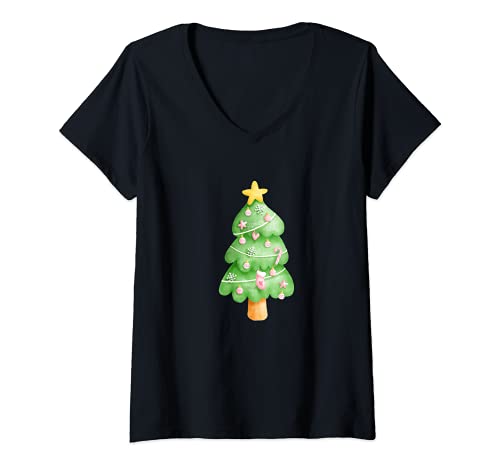 Damen Tannenbaum Weihnachtsbaum Tanne Weihnachtsoutfit Weihnachten T-Shirt mit V-Ausschnitt von Weihnachten Weihnachtsbaum Deko Fun Familienoutfit