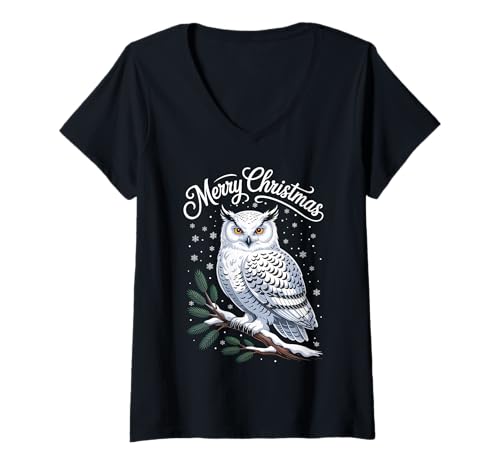 Damen Schneeeule Eule Merry Christmas Weihnachten Winter Eulen T-Shirt mit V-Ausschnitt Damen Schneeeule Eule Merry Christmas Weihnachten Winter Eulen T-Shirt mit V-Ausschnitt von Weihnachtliche Geschenke & Sprüche für den Winter