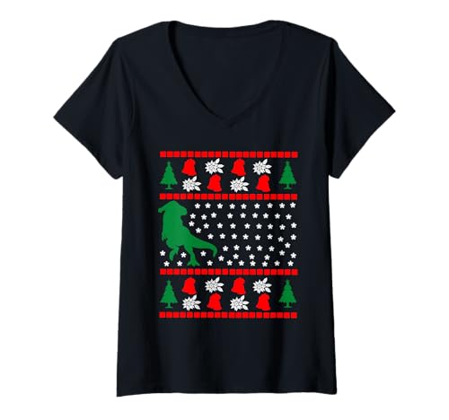 Damen Lustiger Dinosaurier Ugly Christmas Sweater Stil Schnee T-Shirt mit V-Ausschnitt Damen Lustiger Dinosaurier Ugly Christmas Sweater Stil Schnee T-Shirt mit V-Ausschnitt von Weihnachtlicher Dino Humor Look