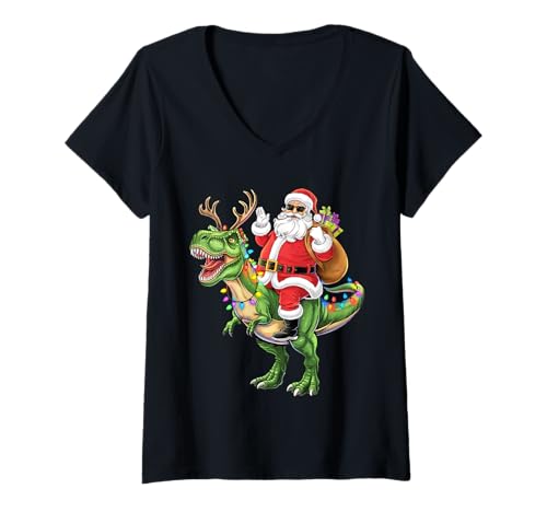 Damen Weihnachtsmann Dino Weihnachtsshirt Dinosaurier Santa T-Shirt mit V-Ausschnitt Damen Weihnachtsmann Dino Weihnachtsshirt Dinosaurier Santa T-Shirt mit V-Ausschnitt von Weihnachts Shirt Familie Feiertage Geschenke
