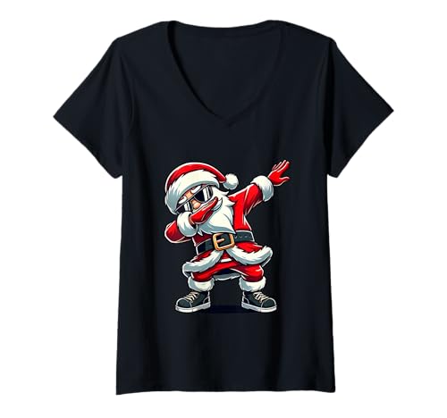 Damen Dabbing Weihnachtsmann Weihnachtsshirt Herren Jungen Lustig T-Shirt mit V-Ausschnitt von Weihnachts Tshirt Santa Weihnachten Geschenk