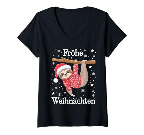 Damen Faultier Frohe Weihnachten Lustig Weihnachtsshirt Familie T-Shirt mit V-Ausschnitt von Weihnachts Tshirts Faultier Santa
