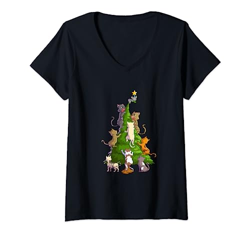 Damen Katzenbaum, Katzen Weihnachten T-Shirt mit V-Ausschnitt Damen Katzenbaum, Katzen Weihnachten T-Shirt mit V-Ausschnitt von Weihnachtsbaum Katzenbaum Katzen Maus