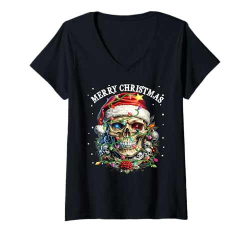 Damen Weihnachtsoutfit Totenkopf Weihnachten Death Heavy Xmas T-Shirt mit V-Ausschnitt Damen Weihnachtsoutfit Totenkopf Weihnachten Death Heavy Xmas T-Shirt mit V-Ausschnitt von Weihnachtsdeko Merry Christmas Outfit für Herren