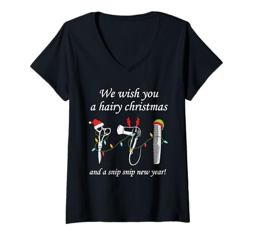 Damen Friseur Wortspiel Hairy Christmas zu Weihnachten für Friseur T-Shirt mit V-Ausschnitt Damen Friseur Wortspiel Hairy Christmas zu Weihnachten für Friseur T-Shirt mit V-Ausschnitt von Weihnachtsdeko für Friseursalon und Hairdresser